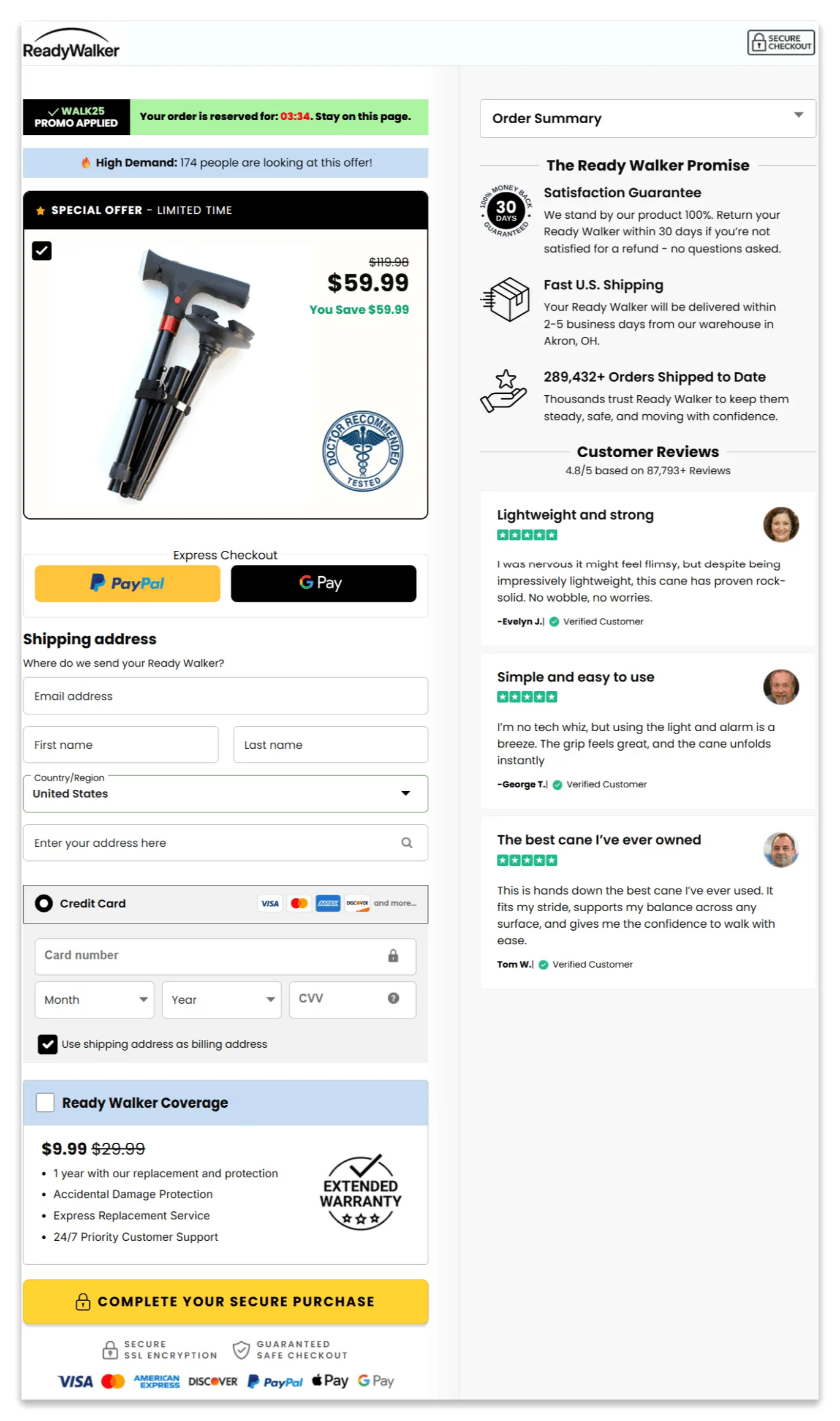Ready Walker secure checkout page